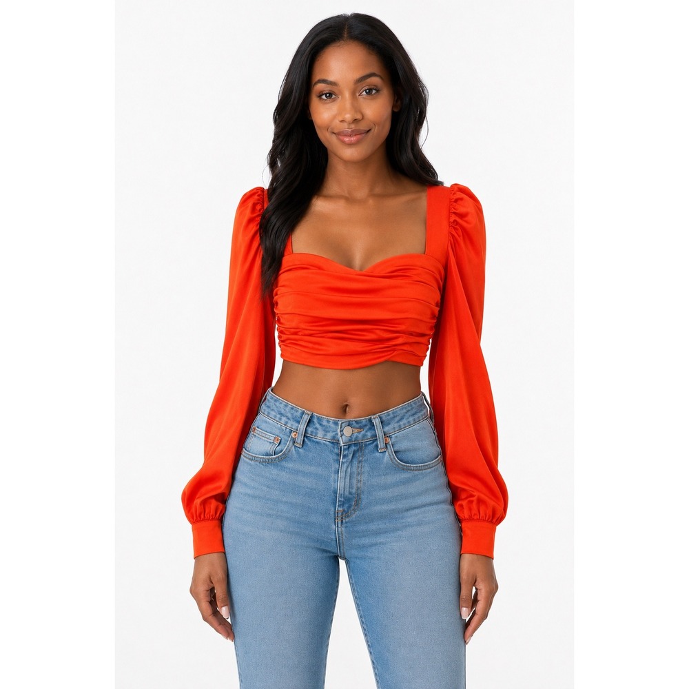 Nookie Red Orange Ruched Satin Puff Sleeve Crop Top Sweetheart Neckline Medium